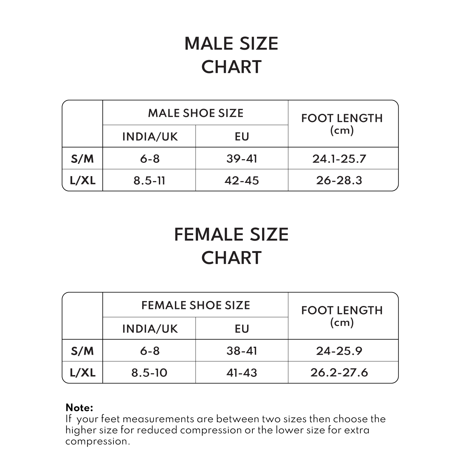 Size chart for compression ankle socks