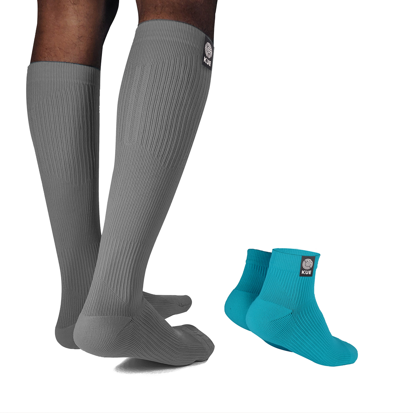 Grey Graduated Compression Knee (18-21mmHg) - Blue Ankle Length Socks (Pair of 2)